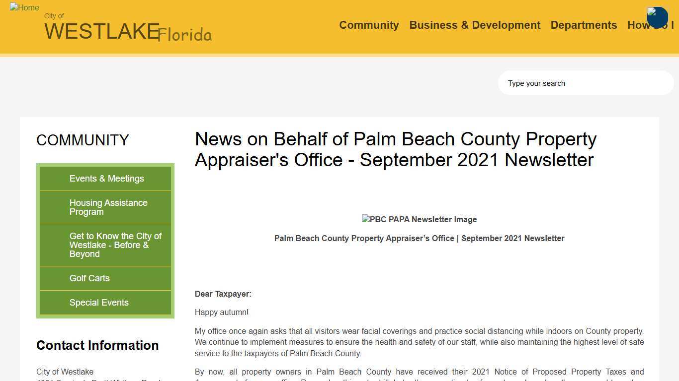 News on Behalf of Palm Beach County Property Appraiser's Office - September 2021 Newsletter City of Westlake, Florida